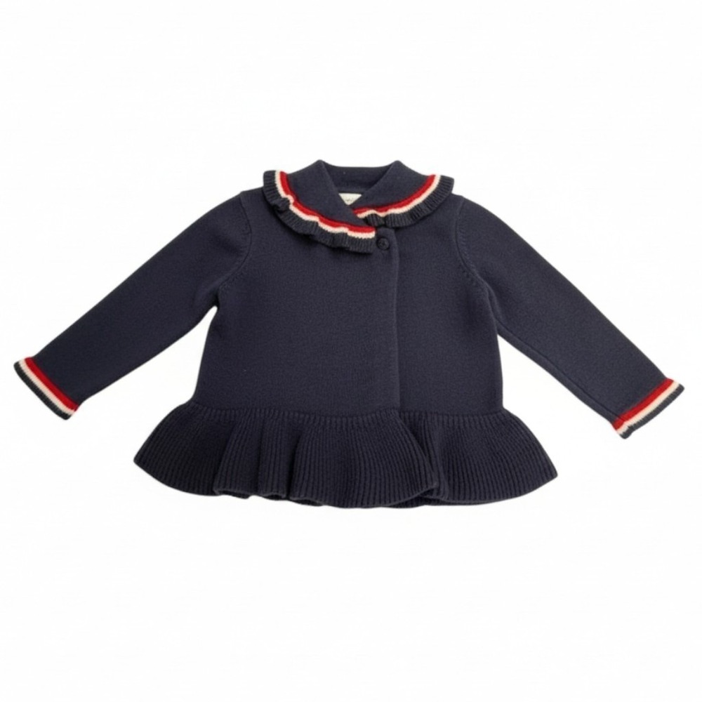 Janie and Jack Baby Girl Navy Red Striped Ruffle Cotton Cardigan 6-9 Months